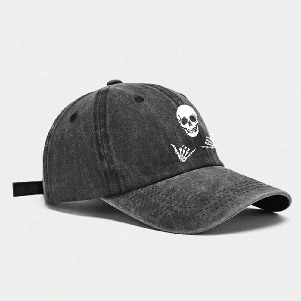 Baseball Hat Skull Print Hang Loose Adjustable Unisex Washed Black - Picture 7 of 13